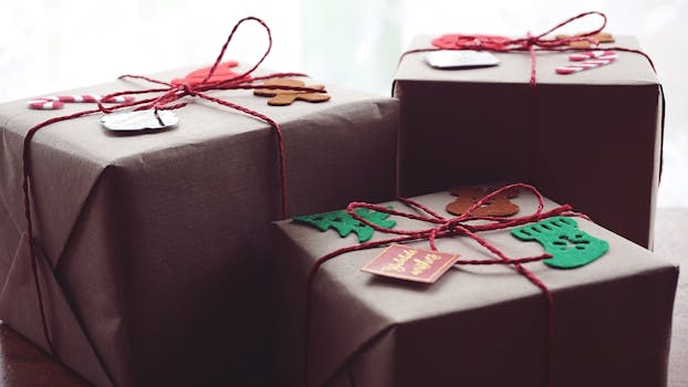 Cadeaux soigneusement emballés avec du papier kraft et des décorations en feutre, prêts à être offerts.