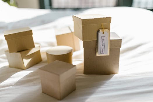 Cadeaux en papier kraft doré disposés sur un lit, prêts à être offerts avec élégance.